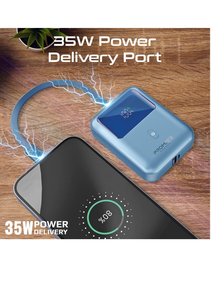 Power Bank with Built-In USB-C Cable, 10000mAh Compact Fast Charging Power Bank, 35W USB-C Power Delivery and 18W USB-A Qualcomm QC 3.0 Port, PowerPod-10 Blue