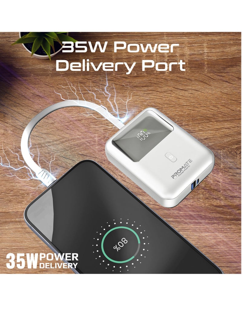 10000 mAh 10000 mAh Power Bank with Built-In USB-C Cable, Compact Fast Charging Power Bank, 35W USB-C Power Delivery and 18W USB-A Qualcomm QC 3.0 Port, PowerPod-10 White