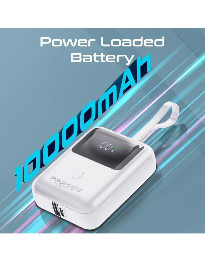 10000 mAh 10000 mAh Power Bank with Built-In USB-C Cable, Compact Fast Charging Power Bank, 35W USB-C Power Delivery and 18W USB-A Qualcomm QC 3.0 Port, PowerPod-10 White