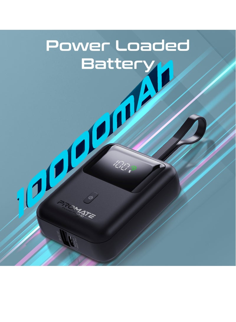 10000 mAh 10000 mAh Power Bank with Built-In USB-C Cable, Compact Fast Charging Power Bank, 35W USB-C Power Delivery and 18W USB-A Qualcomm QC 3.0 Port, PowerPod-10 Black