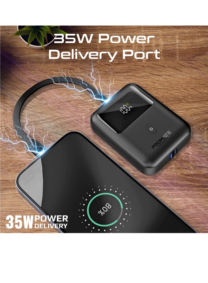 10000 mAh 10000 mAh Power Bank with Built-In USB-C Cable, Compact Fast Charging Power Bank, 35W USB-C Power Delivery and 18W USB-A Qualcomm QC 3.0 Port, PowerPod-10 Black