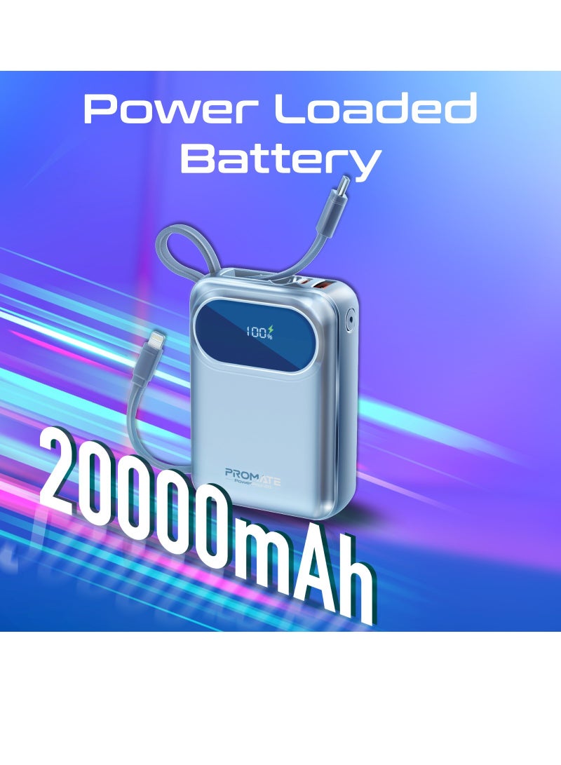 20000 mAh Power Bank with Built-In USB-C And Lightning Cables, Compact Fast Charging Power Bank, 35W USB-C Power Delivery and 27W Lightning Charging, PowerPod-20 Blue