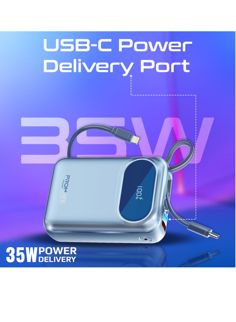 20000 mAh Power Bank with Built-In USB-C And Lightning Cables, Compact Fast Charging Power Bank, 35W USB-C Power Delivery and 27W Lightning Charging, PowerPod-20 Blue