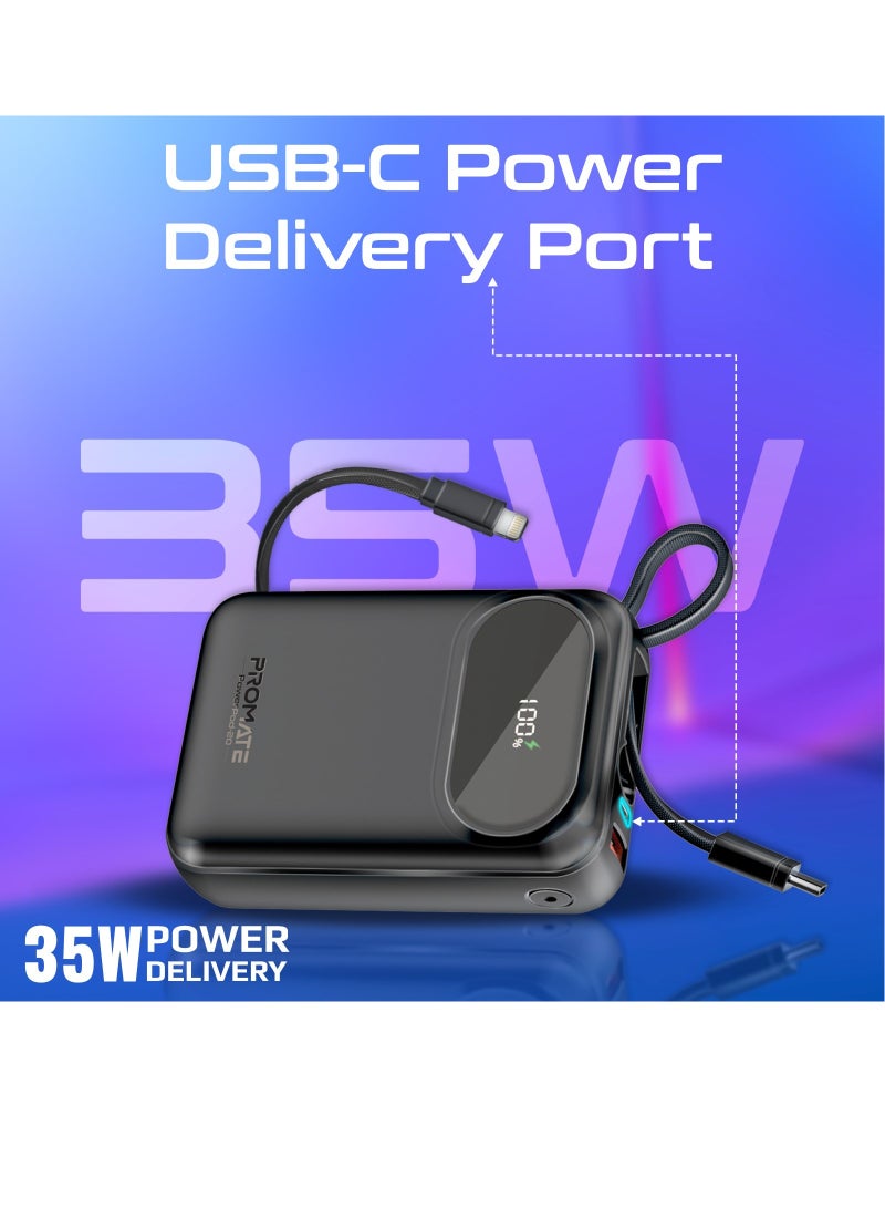 20000 mAh 20000 mAh Power Bank with Built-In USB-C And Lightning Cables, Compact Fast Charging Power Bank, 35W USB-C Power Delivery and 27W Lightning Charging, PowerPod-20 Black