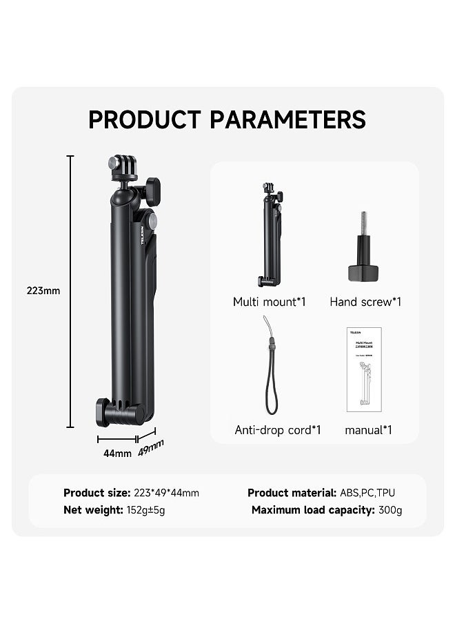 TELESIN TE-TPR-009 Tripod Stand Foldable Pole 360° Rotatable Selfie Stick Multi-Mount Tripod 3-Way Adjustable Handler Grip Mutifunctional Camera Stick Compatible with GoPro11/10/9