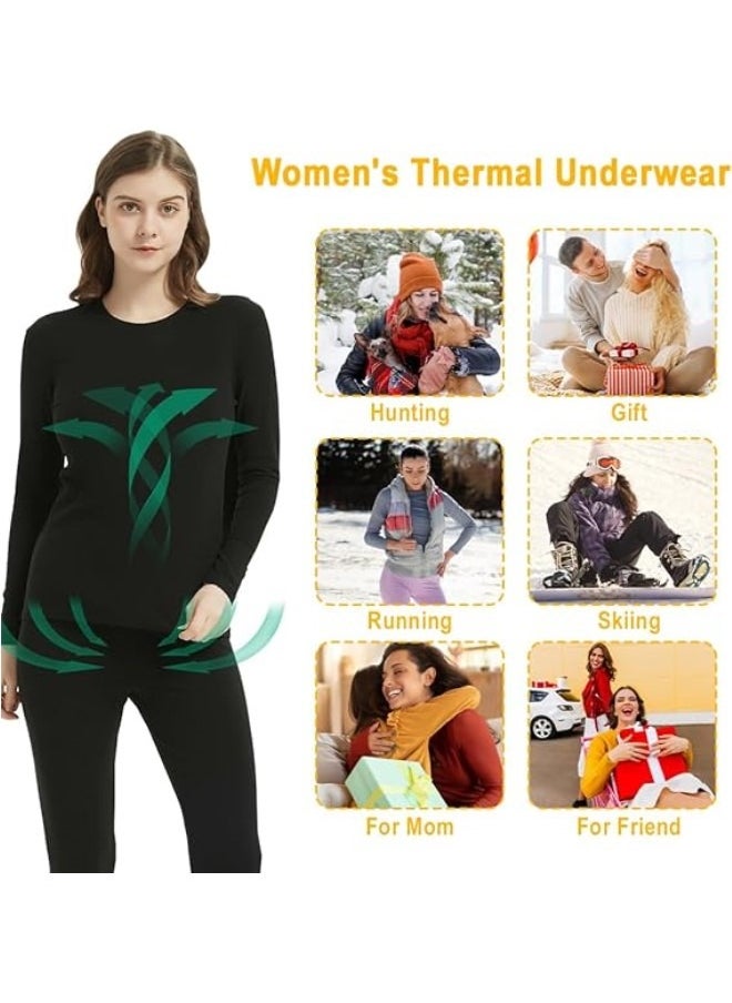 Women's Thermal Underwear Set,  Round Neck Thermal Underwear Long Johns Women's Wool Silk Thermal Underwear Base Pajamas Set, Cold Weather