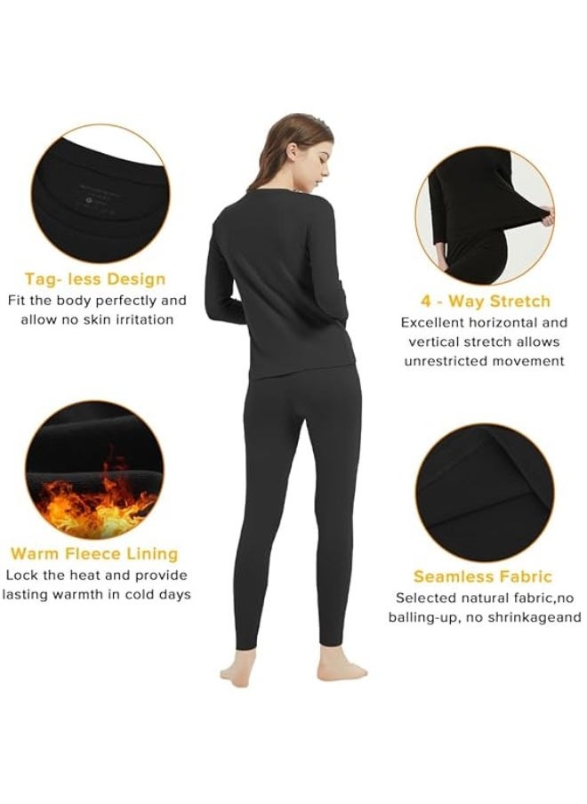 Women's Thermal Underwear Set,  Round Neck Thermal Underwear Long Johns Women's Wool Silk Thermal Underwear Base Pajamas Set, Cold Weather