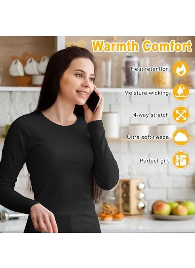 Women's Thermal Underwear Set,  Round Neck Thermal Underwear Long Johns Women's Wool Silk Thermal Underwear Base Pajamas Set, Cold Weather