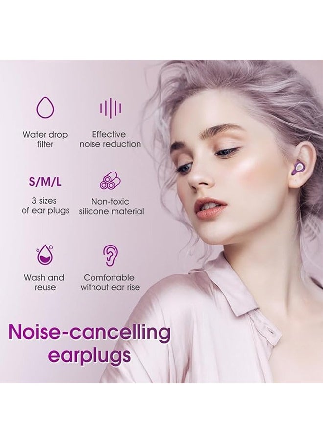 Noise Reduction Waterproof Hearing Protection Earplugs, Reusable Silicone Leep Noise Cancelling Swimming Earplugs, S/M/L Three Sizes - Purple