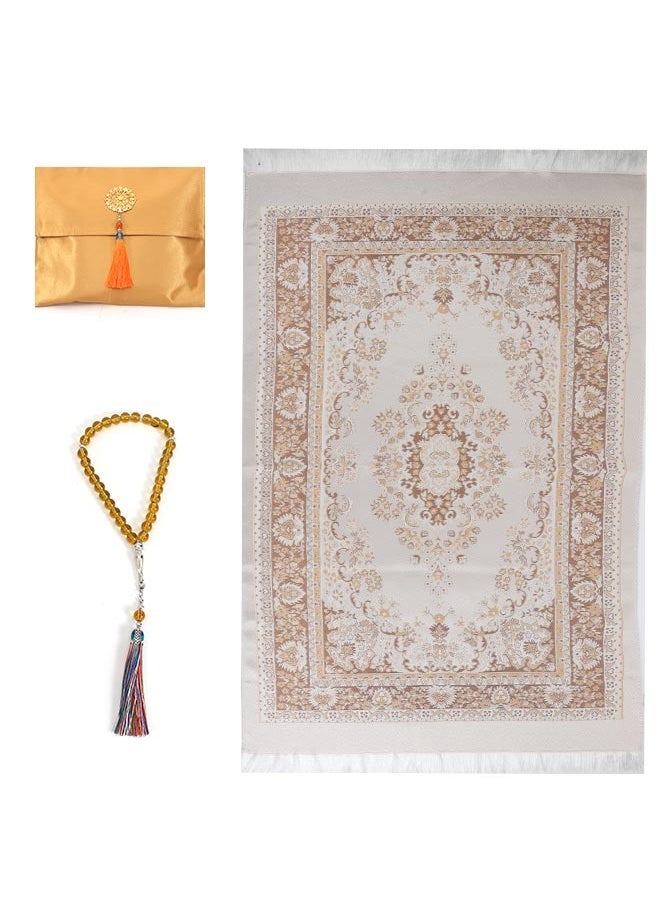 Muslim Prayer Rug and Prayer Beads with Elegant Design Cylinder Gift Box | Janamaz | Sajadah | Soft Islamic Prayer Rug | Islamic Gifts Set | Prayer Carpet Mat, Taffeta Fabric