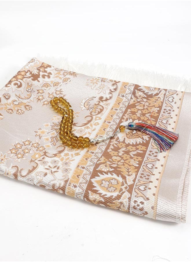 Muslim Prayer Rug and Prayer Beads with Elegant Design Cylinder Gift Box | Janamaz | Sajadah | Soft Islamic Prayer Rug | Islamic Gifts Set | Prayer Carpet Mat, Taffeta Fabric