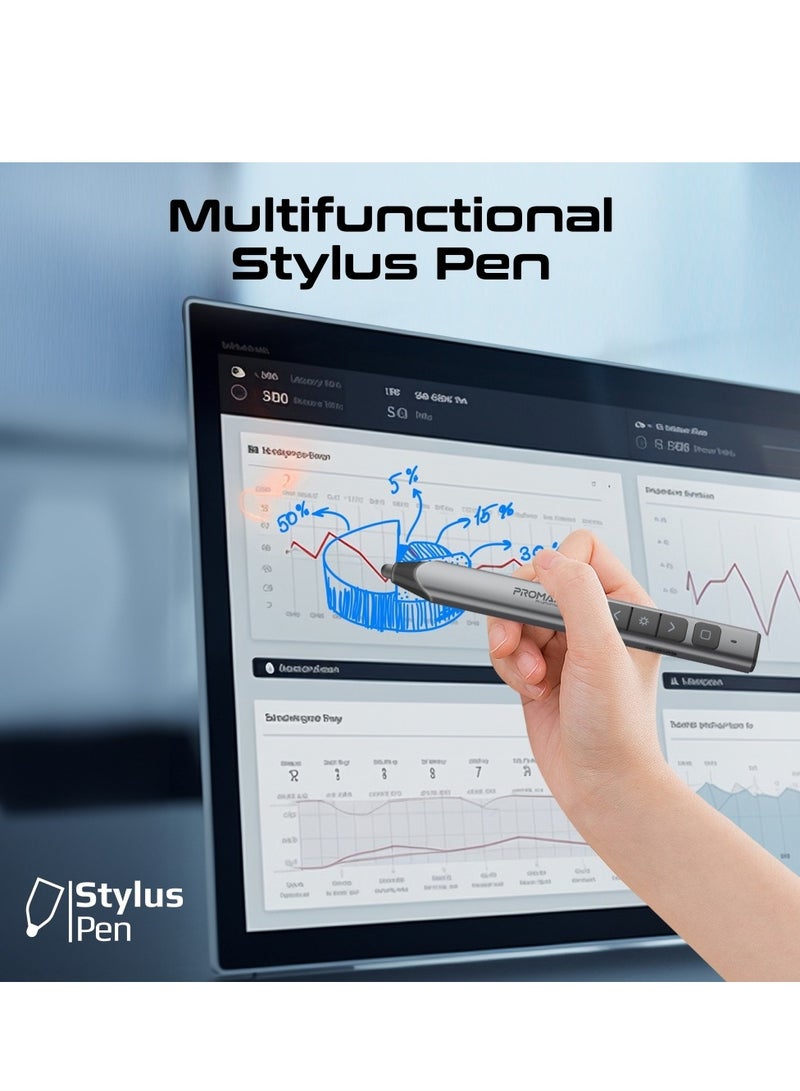 Wireless 2-in-1 Presenter with Multifunctional Stylus, 2.4GHz RF Connectivity, Brilliant Green 200m Laser Pointer, 50m Range, One-Touch Presentation Control, Universal Compatibility, ProPointer-S Black