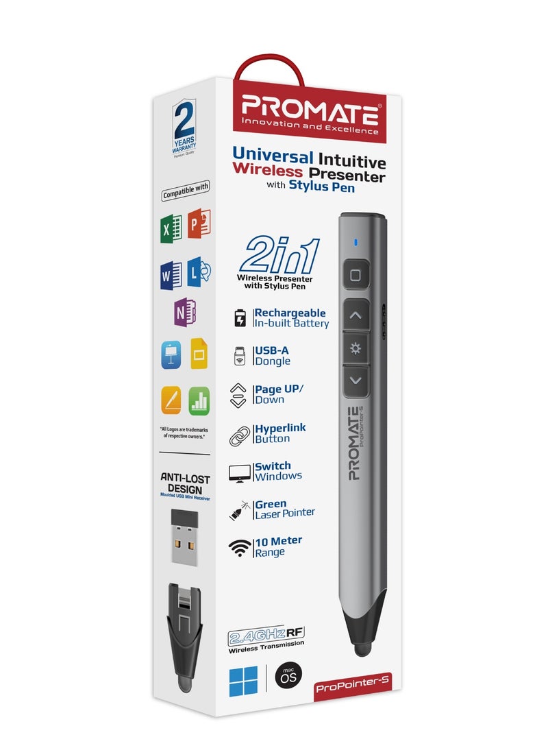 Wireless 2-in-1 Presenter with Multifunctional Stylus, 2.4GHz RF Connectivity, Brilliant Green 200m Laser Pointer, 50m Range, One-Touch Presentation Control, Universal Compatibility, ProPointer-S Black