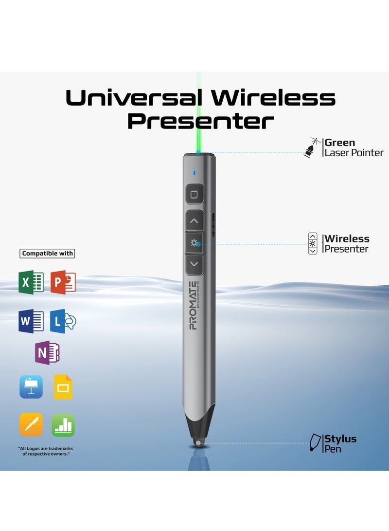 Wireless 2-in-1 Presenter with Multifunctional Stylus, 2.4GHz RF Connectivity, Brilliant Green 200m Laser Pointer, 50m Range, One-Touch Presentation Control, Universal Compatibility, ProPointer-S Black