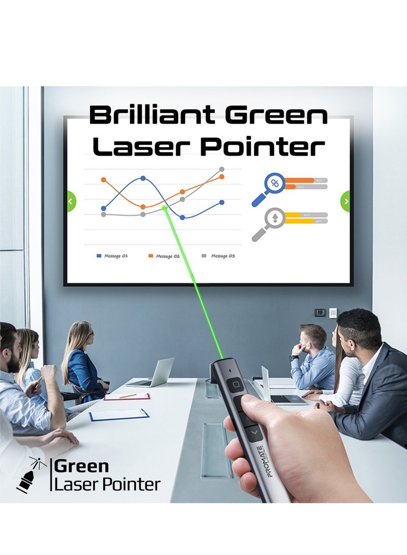 Wireless 2-in-1 Presenter with Multifunctional Stylus, 2.4GHz RF Connectivity, Brilliant Green 200m Laser Pointer, 50m Range, One-Touch Presentation Control, Universal Compatibility, ProPointer-S Black
