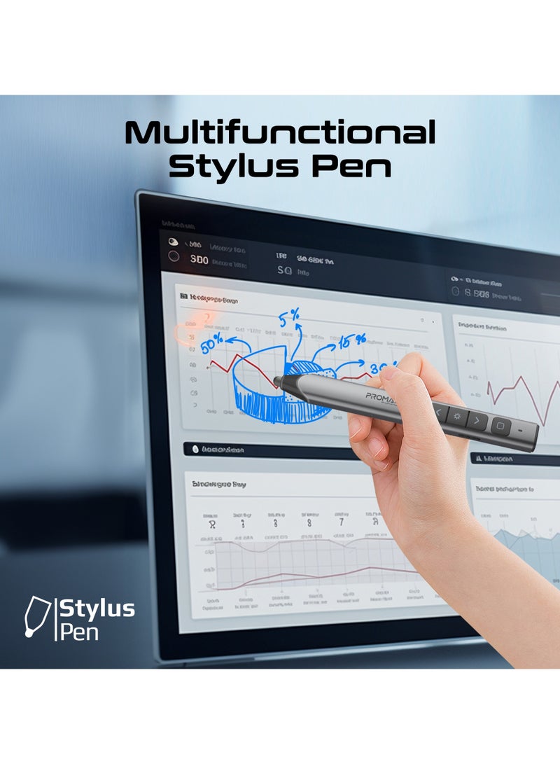 2-in-1 Wireless Presenter with Multifunctional Stylus, 2.4GHz RF Connectivity, Brilliant Green 200m Laser Pointer, 50m Range, One-Touch Control Grey