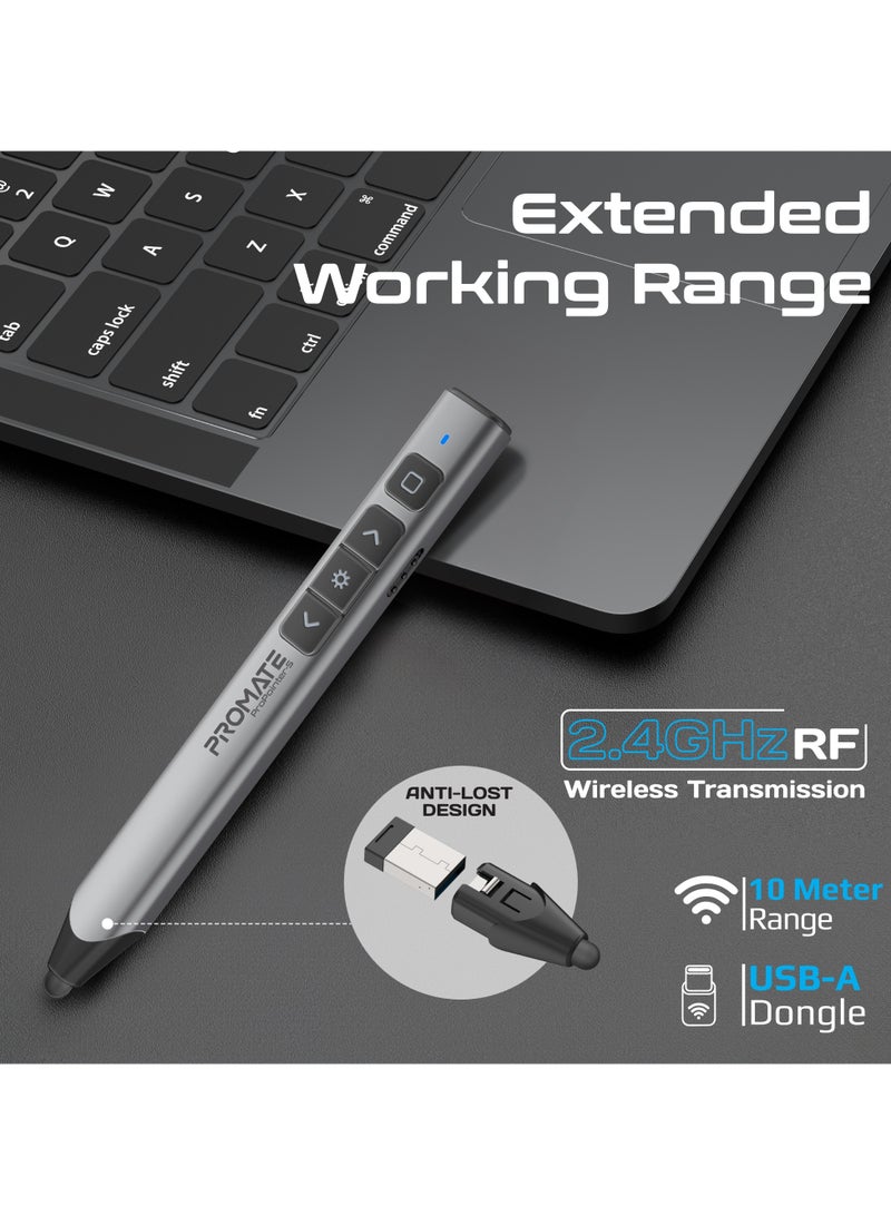 2-in-1 Wireless Presenter with Multifunctional Stylus, 2.4GHz RF Connectivity, Brilliant Green 200m Laser Pointer, 50m Range, One-Touch Control Grey