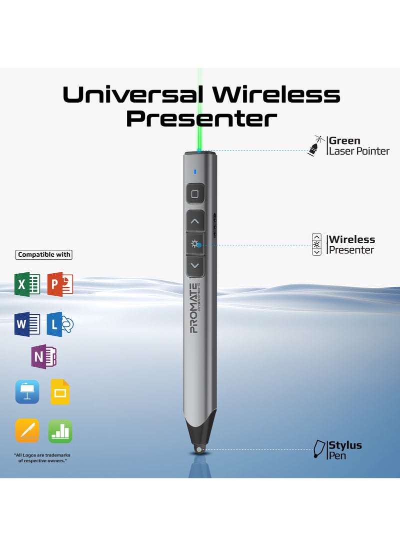 2-in-1 Wireless Presenter with Multifunctional Stylus, 2.4GHz RF Connectivity, Brilliant Green 200m Laser Pointer, 50m Range, One-Touch Control Grey