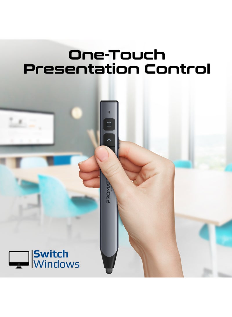 2-in-1 Wireless Presenter with Multifunctional Stylus, 2.4GHz RF Connectivity, Brilliant Green 200m Laser Pointer, 50m Range, One-Touch Control Grey