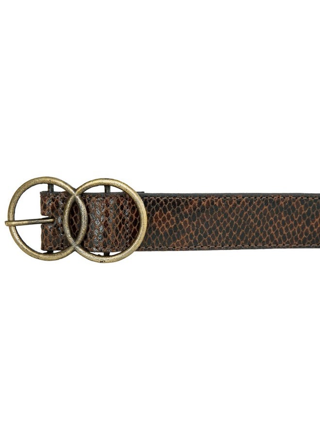 Women Leather Bold Fashion Statement Belts, Snakeskin Double Ring-Brown, Xl (34-35