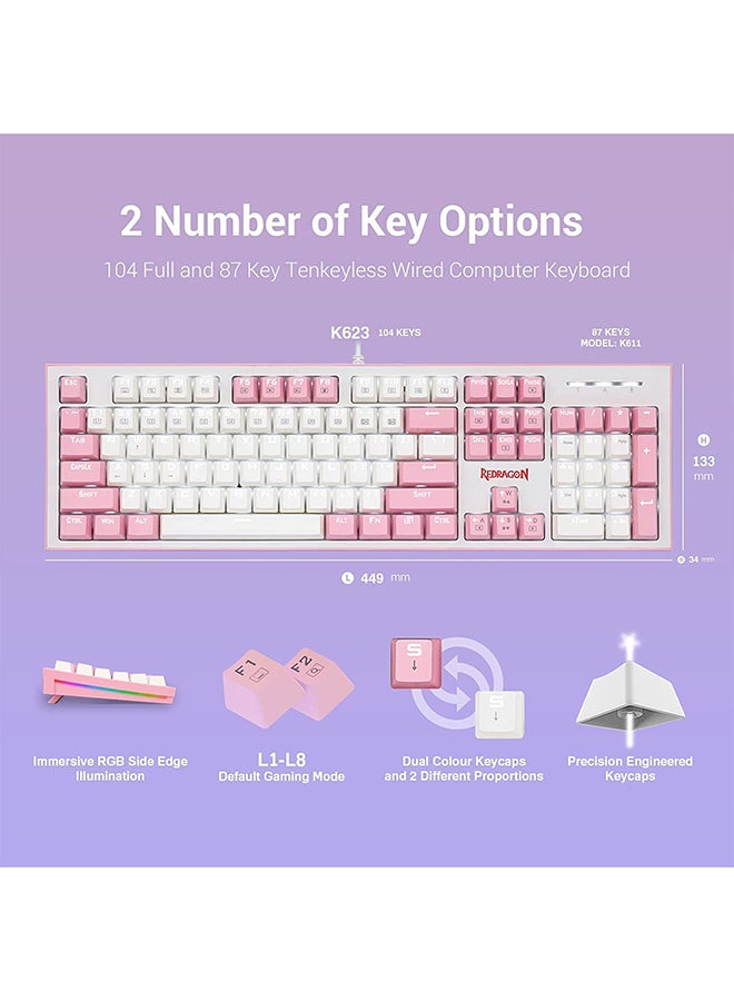 Redragon K623 HADES Dual Color Keys Mechanical Gaming Keyboard Single White LED + RGB Side Edge Backlit 104 Key Wired Computer Keyboard with Blue Switches for Windows PC || (White + Pink)