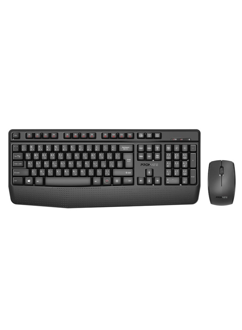 Wireless English/Arabic Keyboard and Mouse Combo, Ergonomic Angled 2.4Ghz With 1200 DPI Ambidextrous, Wrist Rest, Nano USB Receiver, Media Keys, for iMac, MacBook Air, ASUS, ProCombo-14 Black