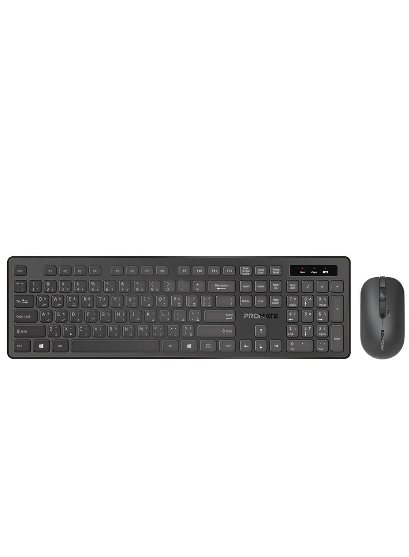 Wireless English/Arabic Keyboard and Mouse Combo, Slim Full-Size 2.4Ghz With 1600 DPI Ambidextrous, Nano USB Receiver, Quiet Keys, Angled Kickstand for iMac, MacBook Air, ASUS, ProCombo-13 Black