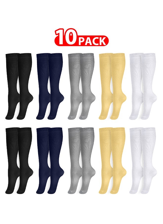 10 Packs Men and Women's Compression Socks 15-20 mmHg Moderate Pressure Medical Quality Support Best Comfort Fit Moisture Wicking Circulation Travel Black/Blue/Grey/Skin/White S/M