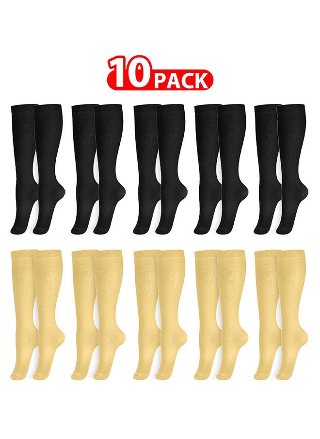 10 Packs Men and Women's Compression Socks 15-20 mmHg Moderate Pressure Medical Quality Support Best Comfort Fit Moisture Wicking Circulation Travel Black/Skin S/M