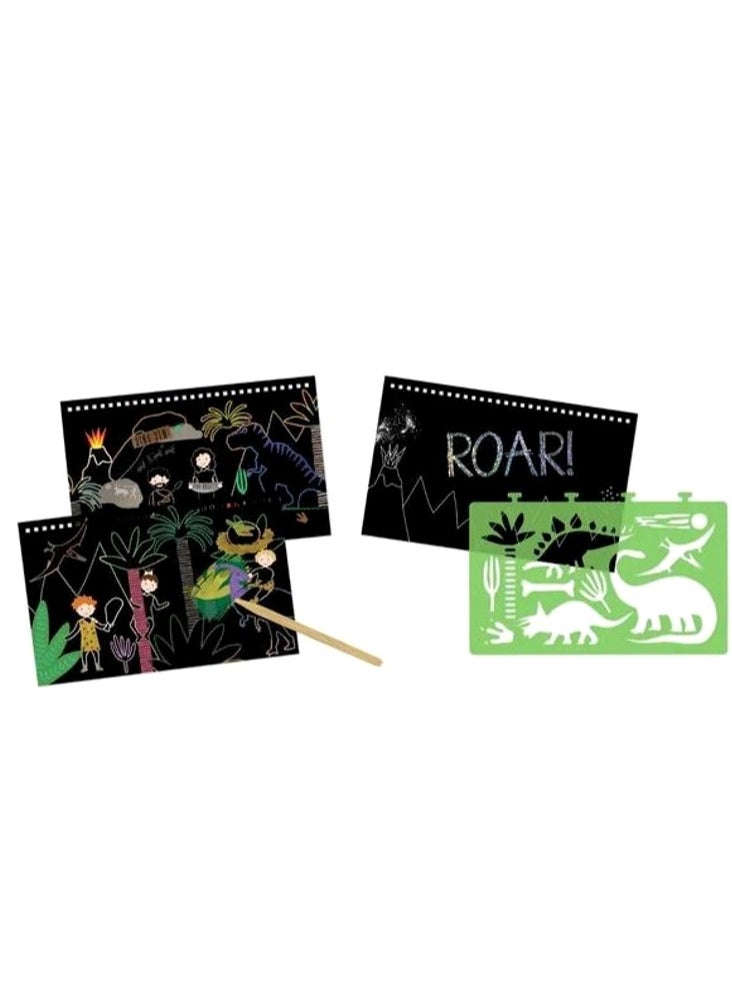 Floss & Rock Dino Scratch & Play - Creative Art Activity Set for Kids with 10 Pre-Printed Scratch Cards, Removable Stencil, Wooden Stylus and Cleaning Pad