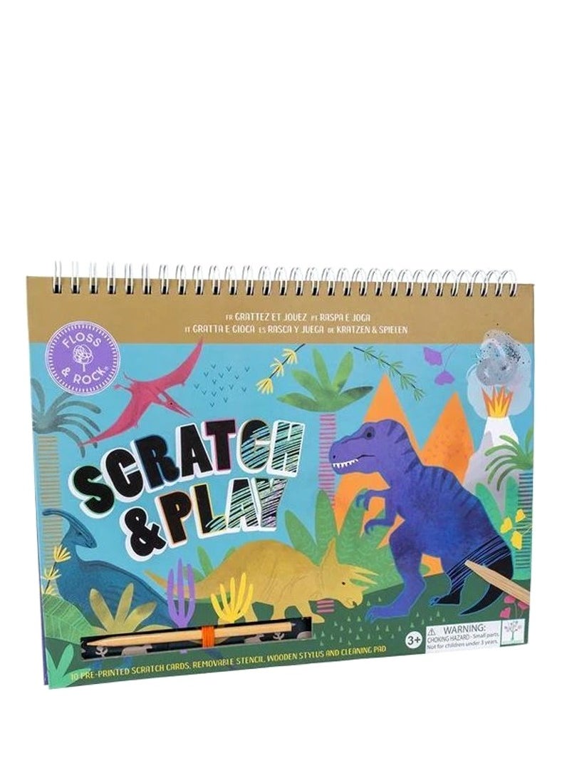 Floss & Rock Dino Scratch & Play - Creative Art Activity Set for Kids with 10 Pre-Printed Scratch Cards, Removable Stencil, Wooden Stylus and Cleaning Pad