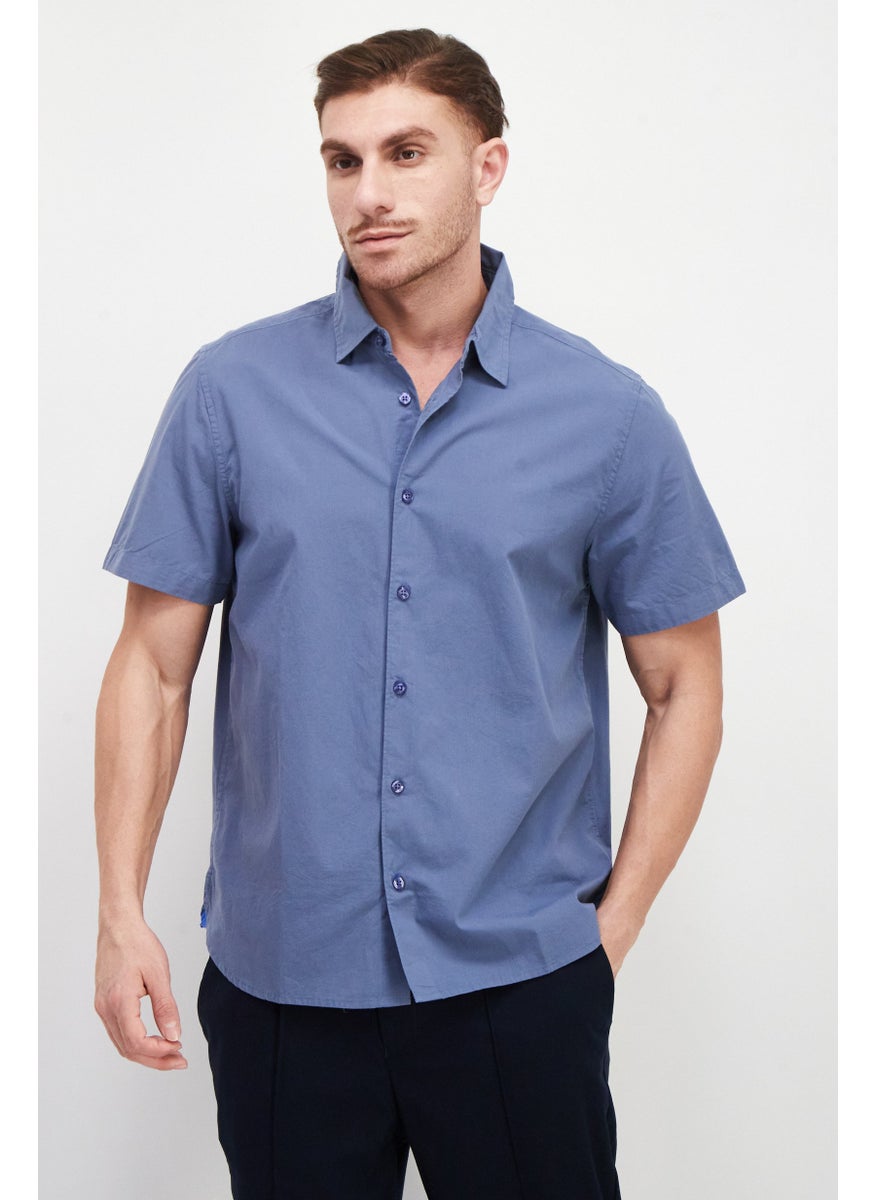 Men Regular Fit Short Sleeves Plain Casual Shirt, Stone Blue