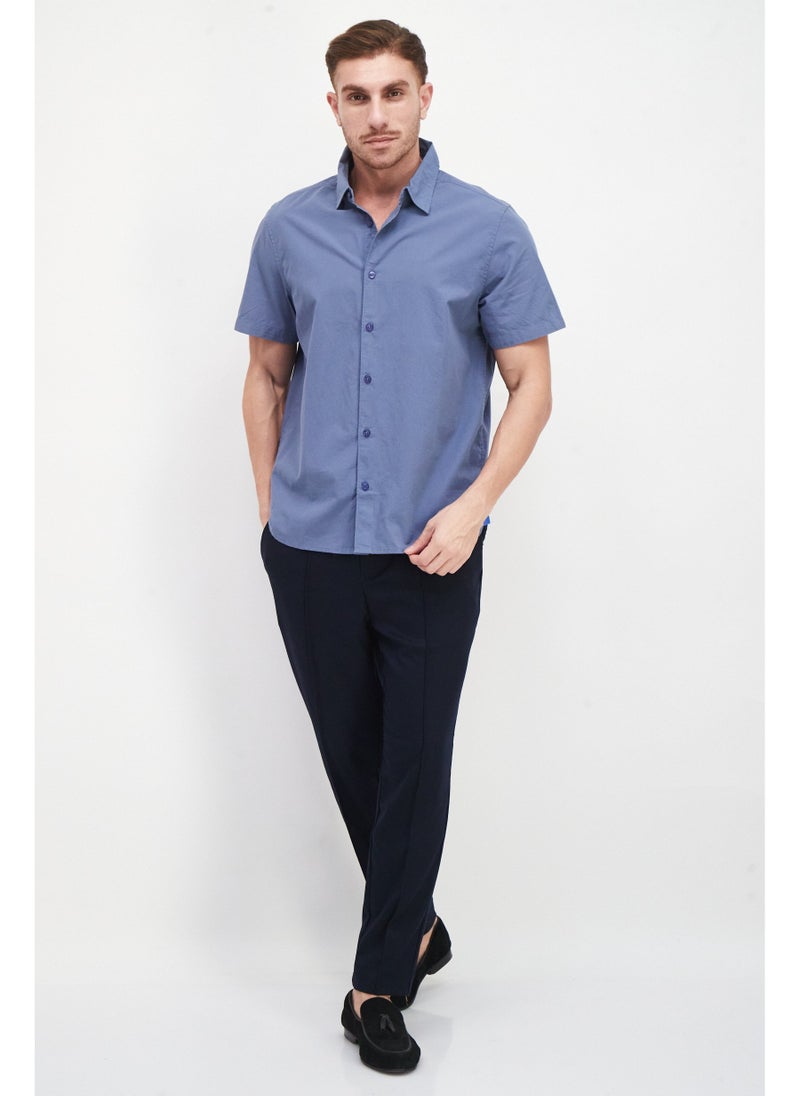 Men Regular Fit Short Sleeves Plain Casual Shirt, Stone Blue