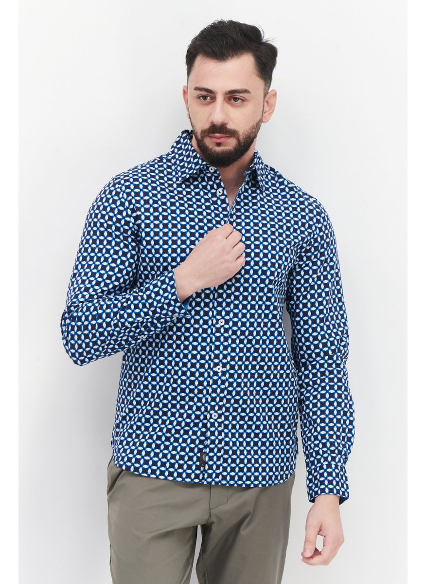 Men Classic Fit All Over Print Long Sleeves Casual Shirt, Navy/Blue/White