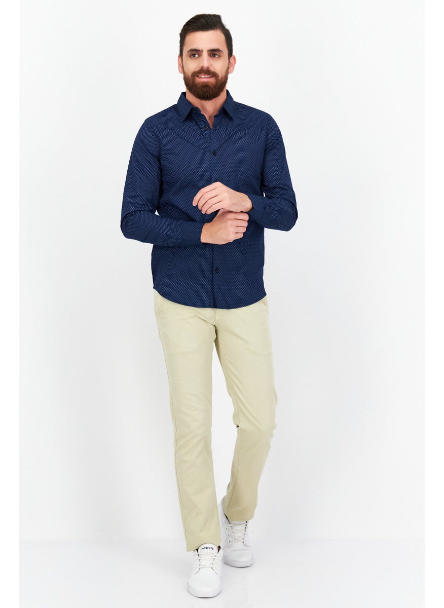 Men Regular Fit Allover Pattern Long Sleeves Casual Shirt, Navy Blue