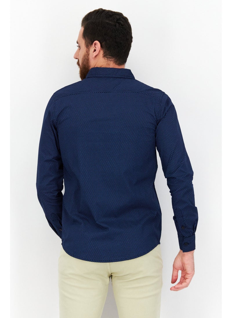 Men Regular Fit Allover Pattern Long Sleeves Casual Shirt, Navy Blue