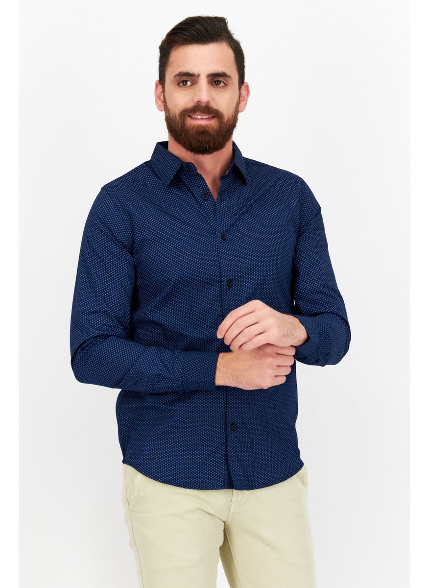 Men Regular Fit Allover Pattern Long Sleeves Casual Shirt, Navy Blue