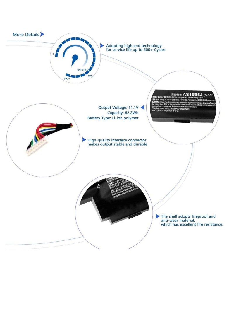 11.1V 62.2Wh 5600mAh AS16B5J Laptop Battery Compatible for Acer Aspire E5-575G-53VG E5-575G-30ZJ E5-575G-51QK E5-575G-53FA E5-575G-53SX E5-575G-54K9