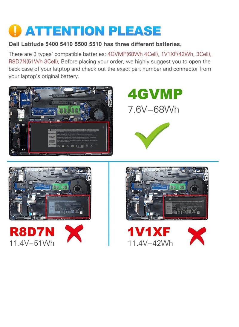 7.6V 68W, 4GVMP 0X77XY 0C5GV2 Laptop Battery Compatible for Dell Latitude 5400 5500 5410 5510 Precision 3540 3550 Inspiron 7590 7591 7791 2-in-1 Series 1V1XF R8DC. 7N RF7W, M 9JRYT 09JRYT