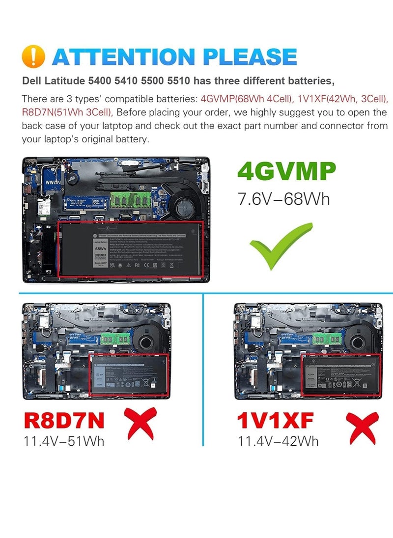 7.6V 68W, 4GVMP 0X77XY 0C5GV2 Laptop Battery Compatible for Dell Latitude 5400 5500 5410 5510 Precision 3540 3550 Inspiron 7590 7591 7791 2-in-1 Series 1V1XF R8DC. 7N RF7W, M 9JRYT 09JRYT
