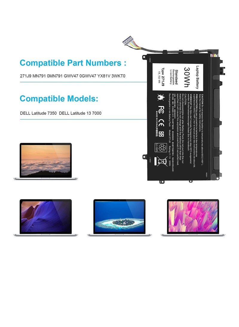 11.1V 30Wh 3-Cell 271J9 GWV47 0GWV47 MN791 YX81V 3WKT0 0MN791 Laptop battery compatible for Dell Latitude 7350 13 7000