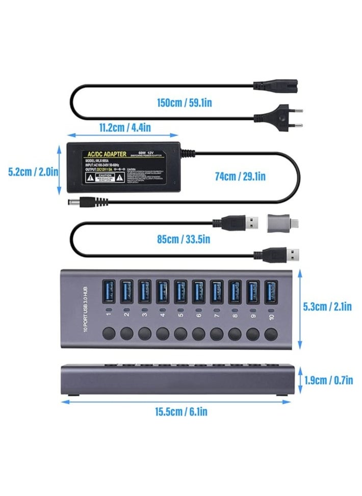 USB 3.0 Hub 10 Ports, 60W Powered USB Hub for Laptops, USB Charging Hub with Individual Switches, LED Indicator, USB Hub Splitter Extension for Laptop, PC (UK Plug)