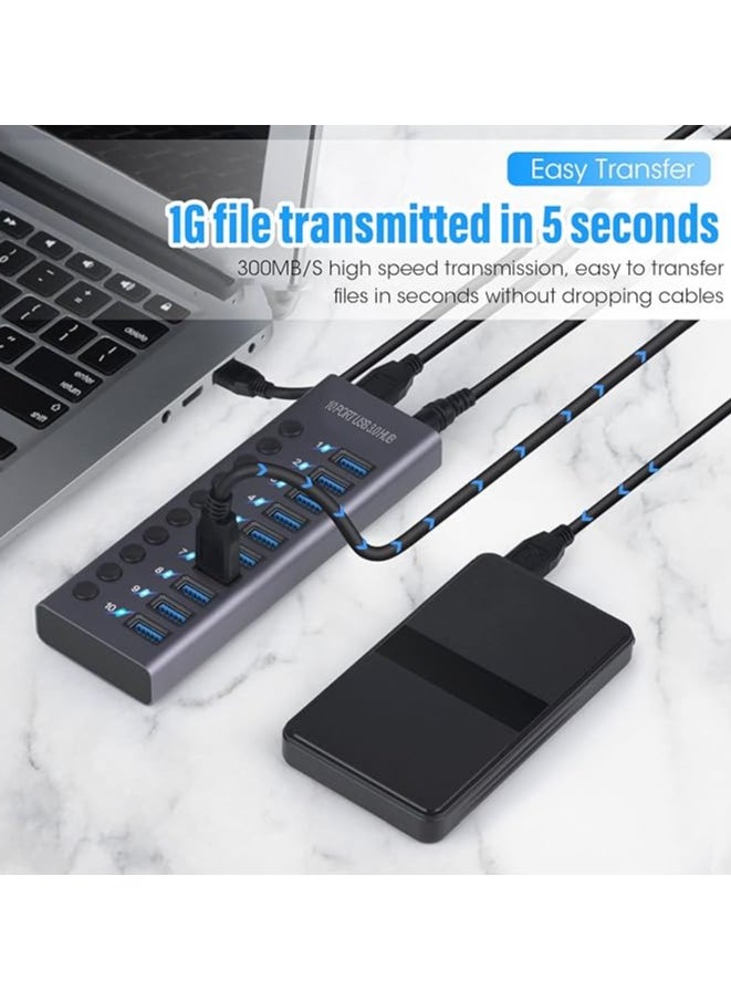 USB 3.0 Hub 10 Ports, 60W Powered USB Hub for Laptops, USB Charging Hub with Individual Switches, LED Indicator, USB Hub Splitter Extension for Laptop, PC (UK Plug)