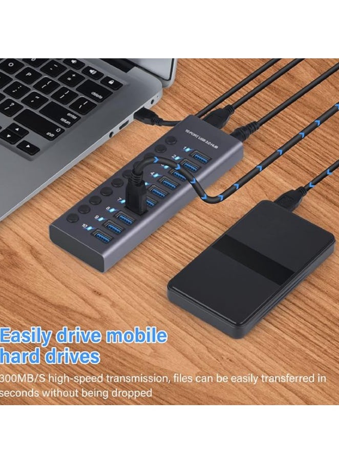 USB 3.0 Hub 10 Ports, 60W Powered USB Hub for Laptops, USB Charging Hub with Individual Switches, LED Indicator, USB Hub Splitter Extension for Laptop, PC (UK Plug)