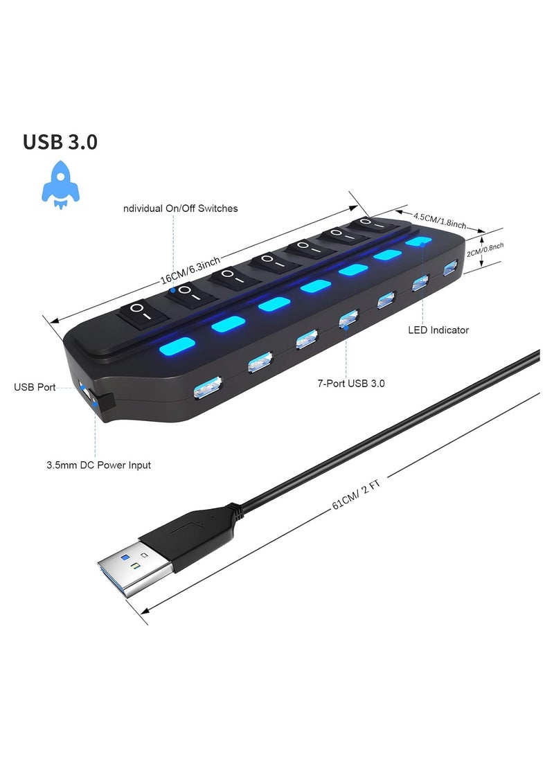 USB Hub 3.0, 7 Port USB Hub Splitter with Individual On/Off LED Switches, 5Gbps HighSpeed Data USB Extension for Laptop, iMac, USB Flash Drives, Mobile HDD, Printer, Camera and More