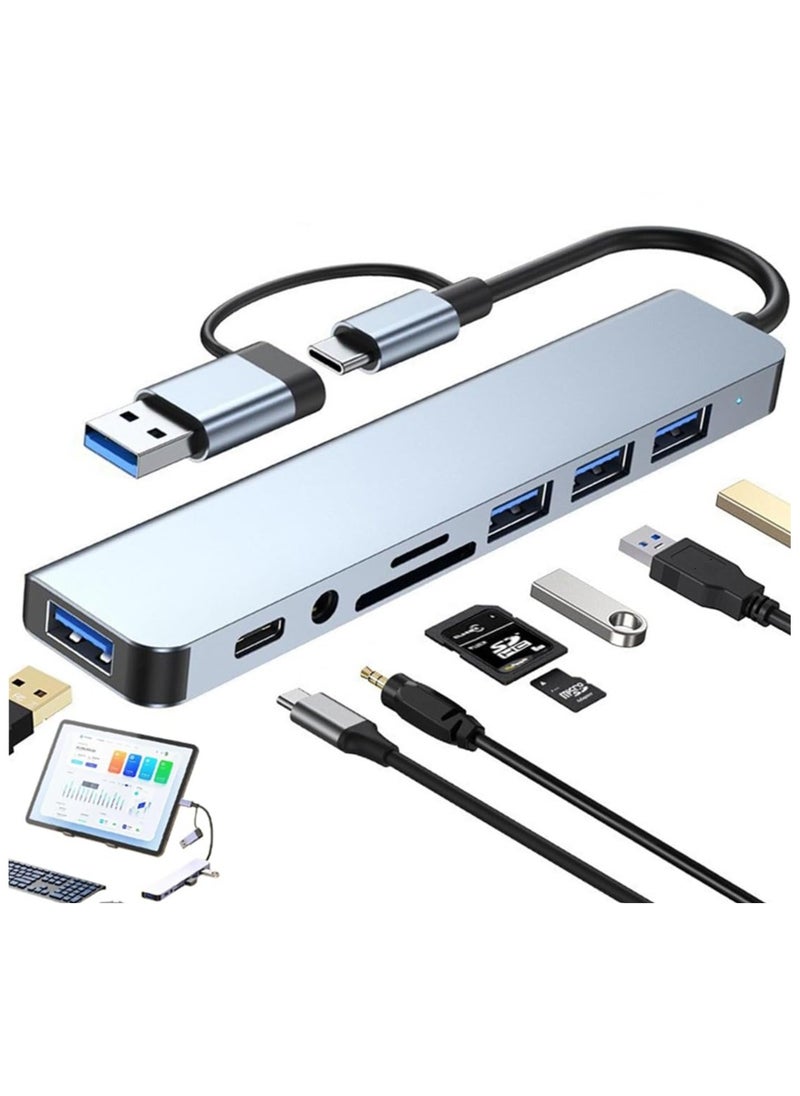 8 in 1 USB Extender Hub, Aluminum USB Splitter Hub with 4 USB Port Include 1 USB C, 2 USB 2.0 and USB 3.0, TF/SD Card Reader, 3.5mm Audio Output for Computer Laptop Tablet Mobile Phone