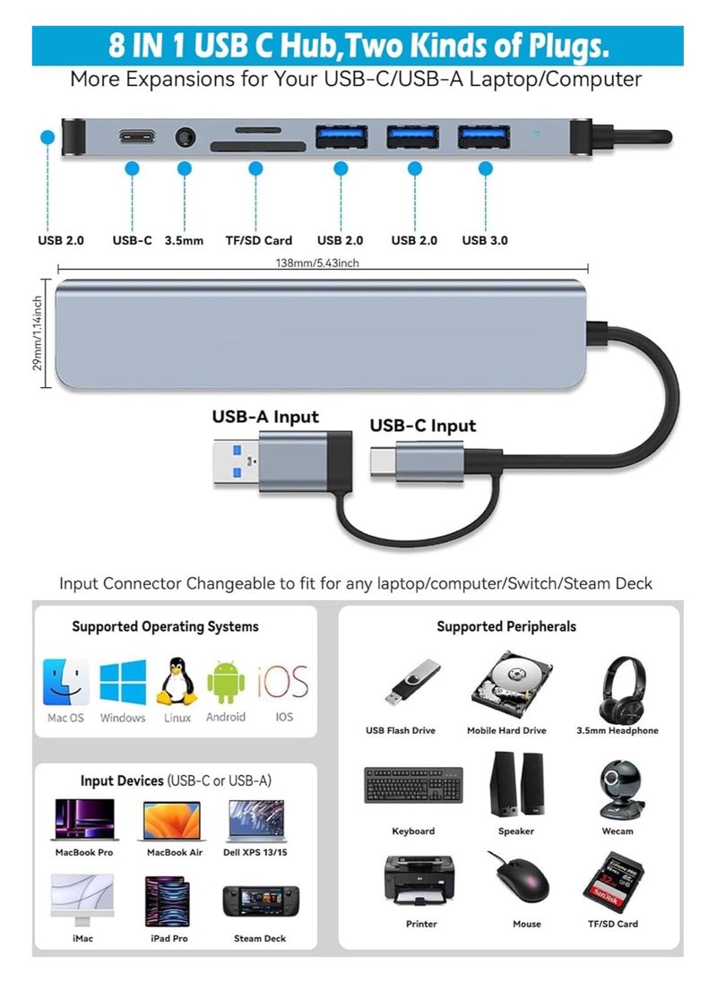 8 in 1 USB Extender Hub, Aluminum USB Splitter Hub with 4 USB Port Include 1 USB C, 2 USB 2.0 and USB 3.0, TF/SD Card Reader, 3.5mm Audio Output for Computer Laptop Tablet Mobile Phone