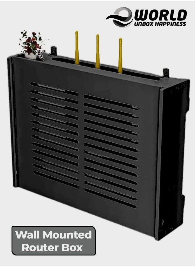 Stylish Wall-Mounted Router Rack for Wi-Fi Router, Set-Top Box, Light Cat Box, and More, Includes Doors and Patch Panel Shielding Box for Neat Storage, Black