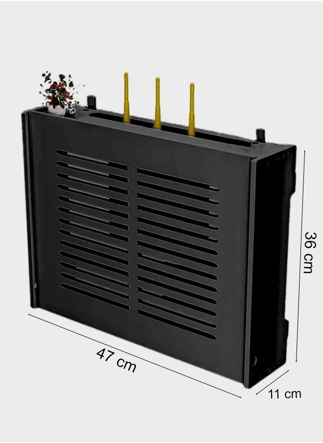 Stylish Wall-Mounted Router Rack for Wi-Fi Router, Set-Top Box, Light Cat Box, and More, Includes Doors and Patch Panel Shielding Box for Neat Storage, Black