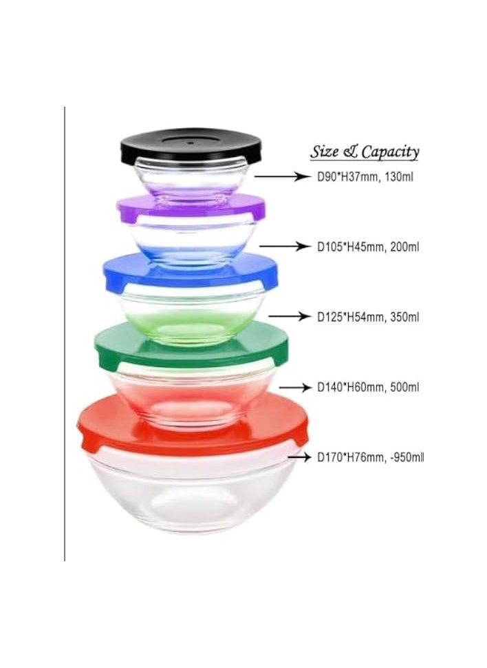 Glass Bowl 5Pcs Set with Colorful lids, Mixing bowls | Dinnerware Glass Bowl Set, Tableware Glass Bowl Set, Glass Bowl Serving Set, and Kitchen Storage Pack of 5 Glass Bowls with lids